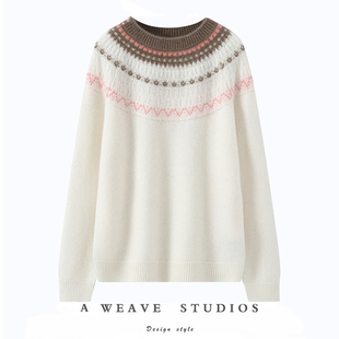 高奢费尔岛邂逅*氛围感100%纯山羊绒提花复古圆领长袖针织衫女