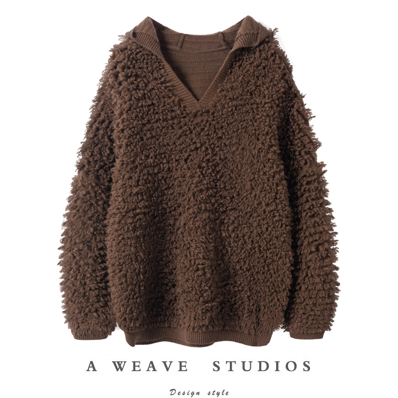 圈圈毛流苏连帽羊绒毛衣女2022冬