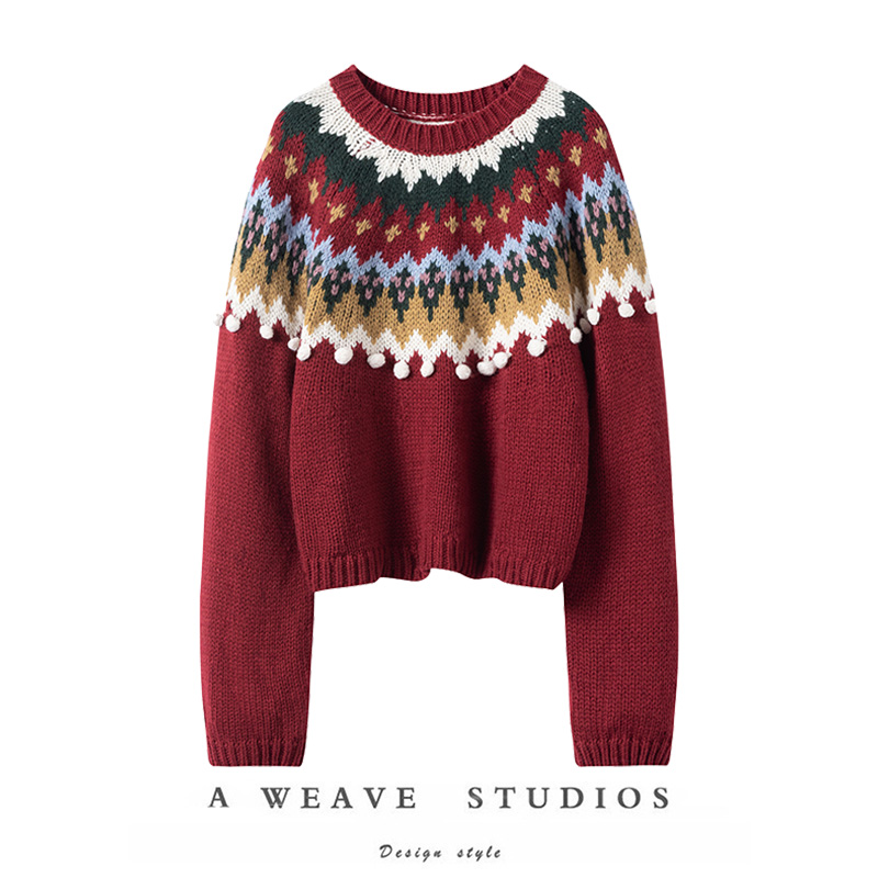 山羊绒红色针织衫冬新年圆领毛衣