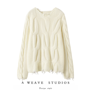 由心气质~北欧风结构绞花白色秋冬新款100%羊绒宽松套头毛衣女