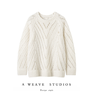 如云朵般触感! 77%羊绒 23%真丝 白厂丝新款粗棒针镂空针织上衣