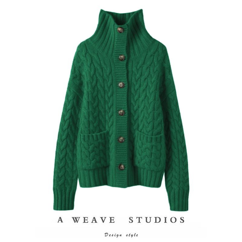 山羊绒麻花绞花立领开衫毛衣外套