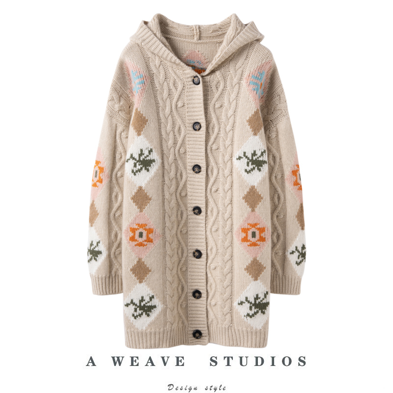 撞色花纹厚款山羊绒毛衣开衫