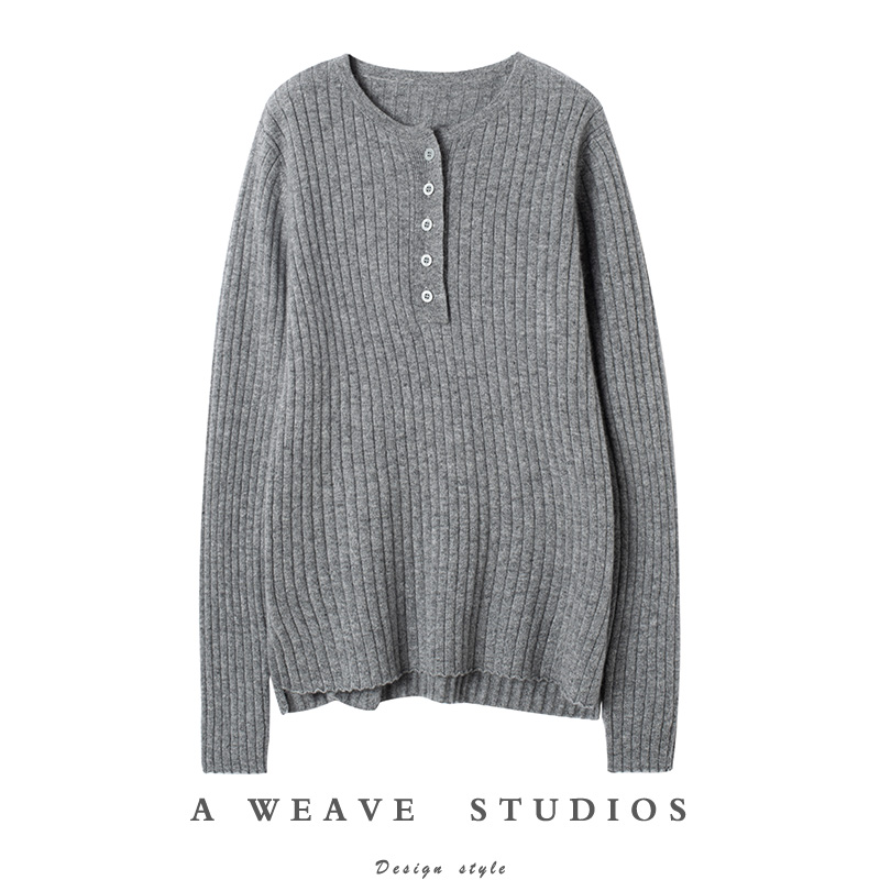 无限美感~舒适百搭纽扣坑条羊绒衫女纯羊绒毛衣针织打底衫