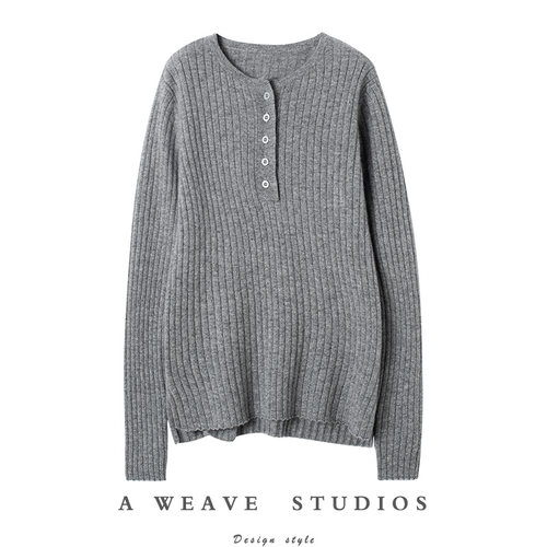无限美感~舒适百搭纽扣坑条羊绒衫女纯羊绒毛衣针织打底衫