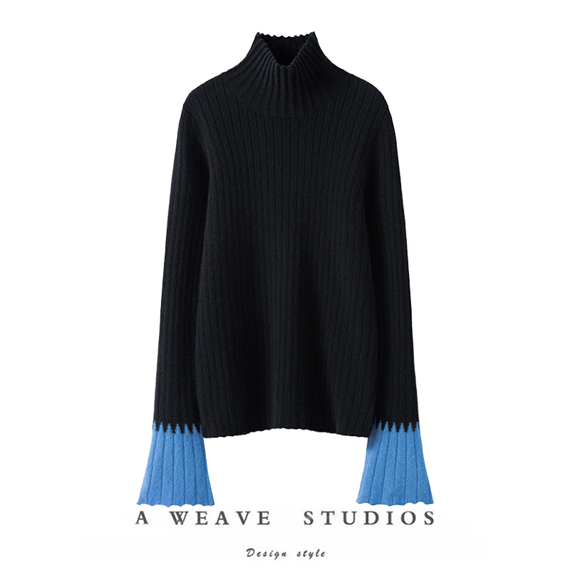 喇叭袖高领羊绒衫女纯羊绒毛衣