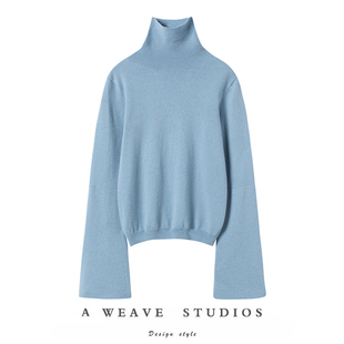 女纯羊绒毛衣套头2025秋冬 高领羊绒衫 彰显气质 灰蓝色双层大廓袖
