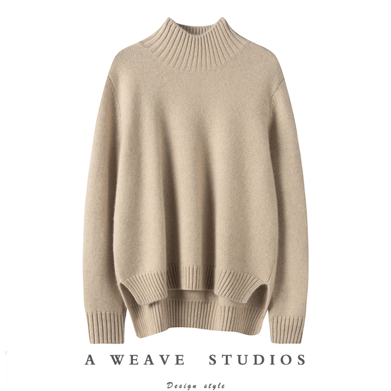 加厚高领纯羊绒毛衣前短后长开叉