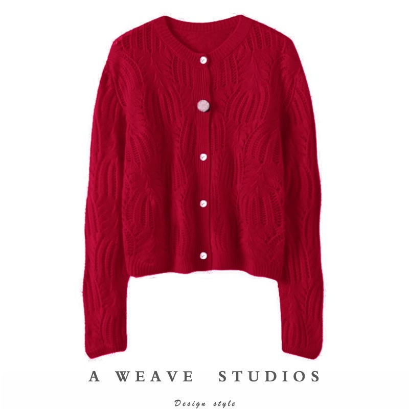 太美了吧！花朵扣羊绒开衫女纯羊绒毛衣镂空针织开衫外套秋冬新款