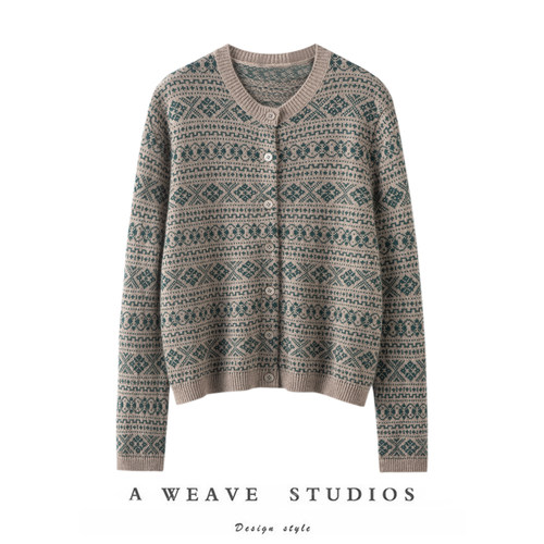 萨琪尼美轮美奂~费尔岛图腾提花纯羊绒针织开衫长袖女秋冬新款