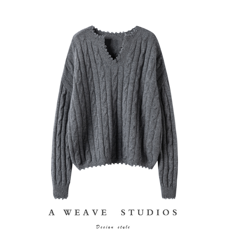 绞花V领毛边廓形纯山羊绒毛衣女