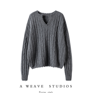 精致太好穿了 绞花V领毛边廓形100%纯山羊绒毛衣女2025新款