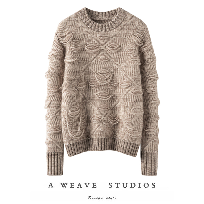 今冬风靡不规则破洞~重磅加厚！圆领山羊绒衫女纯羊绒毛衣针织衫