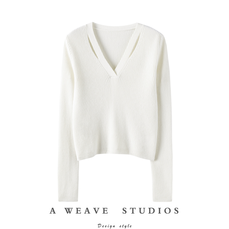 V领镂空针织羊绒衫女2023