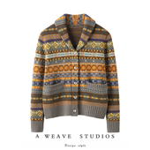 复古英伦费尔岛提花青果领针织开衫 气质高雅贵气 100%纯山羊绒衫