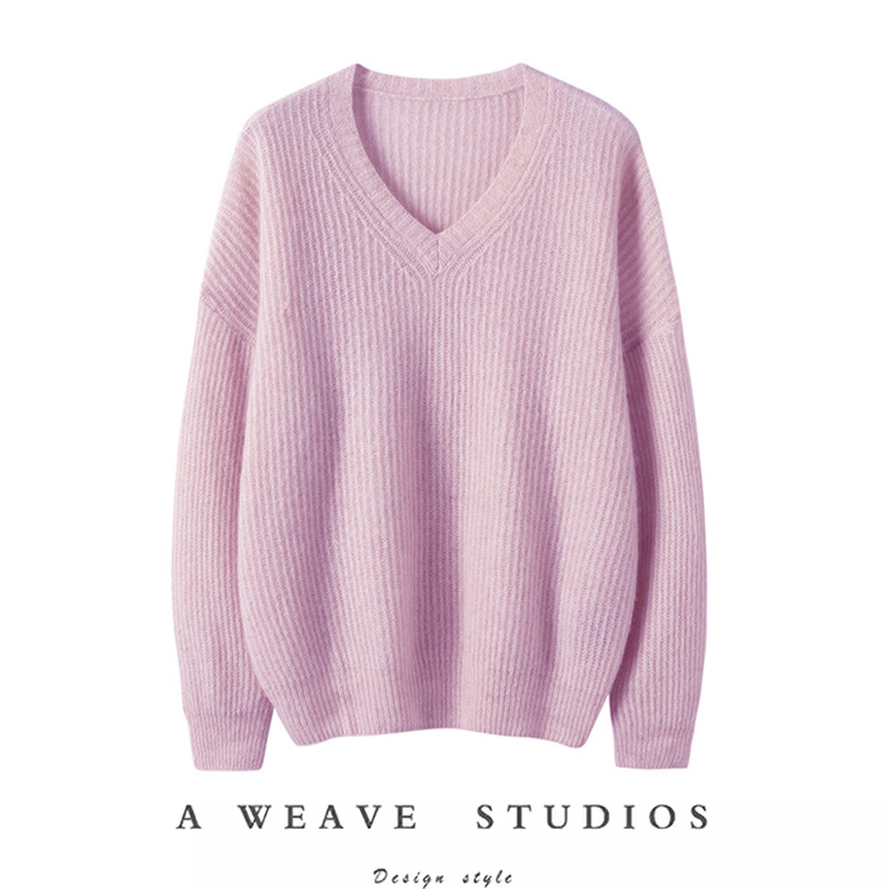 V领套头短款宽松羊绒真丝针织衫