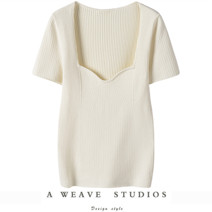 一眼就被吸引到~心形领针织真丝羊绒上衣短袖简约2025新款