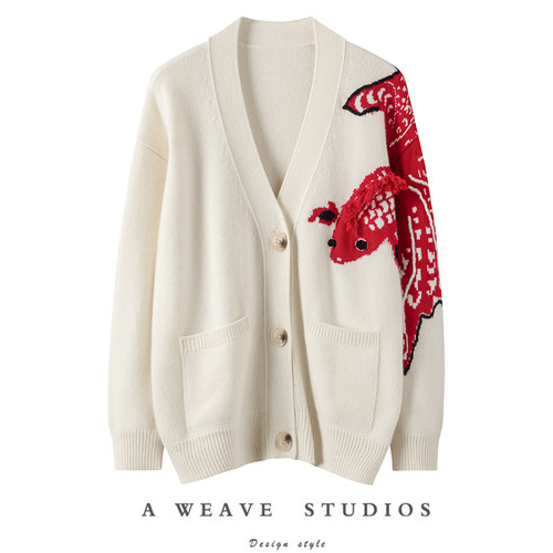 撞色锦鲤纯羊绒毛衣外套