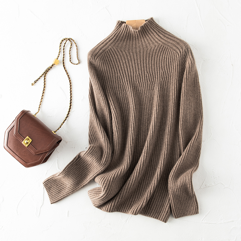 高端系列坑条高领羊绒衫女