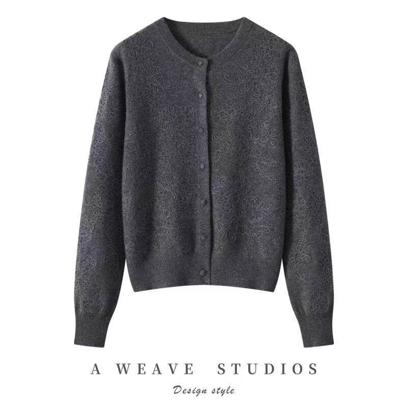 重工立体钩花 100纯山羊绒开衫女圆领优雅简约针织衫毛衣外套新款