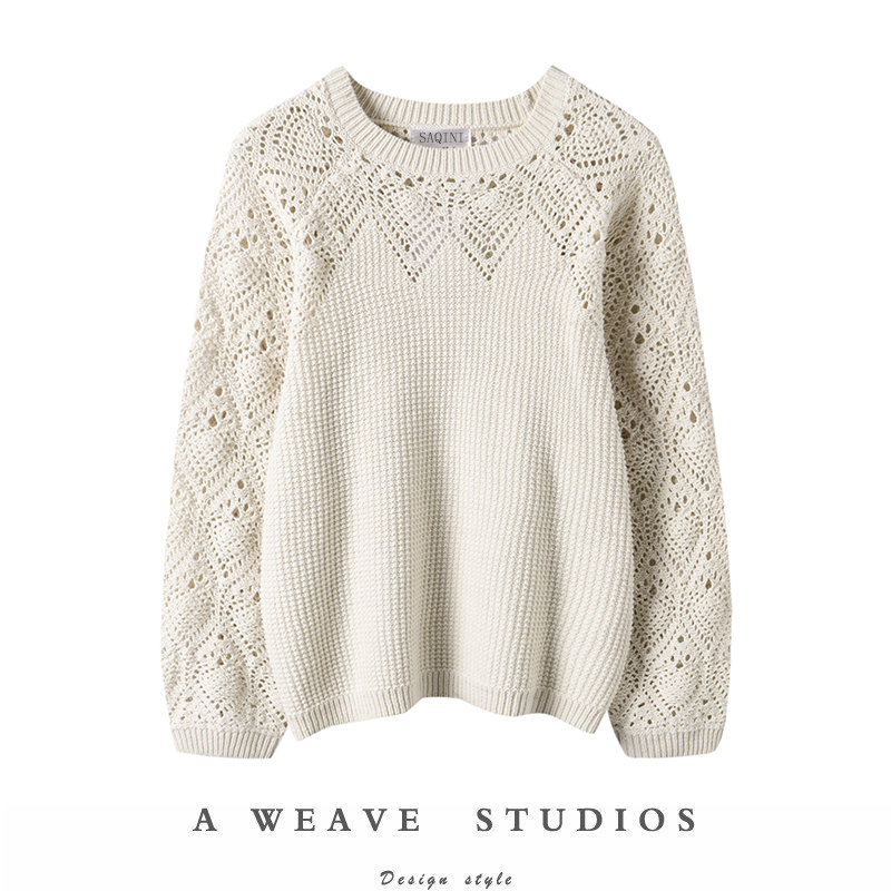 杏色钩花镂空针织羊绒衫女