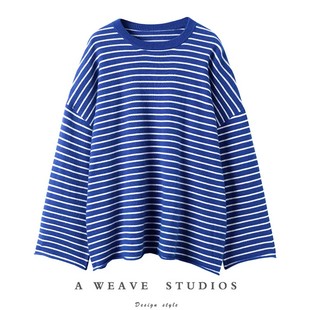 气质大放光彩 100%山羊绒海军风圆领条纹罩衫宽松慵懒针织毛衣女