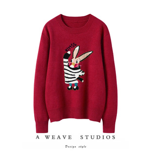 卡通减龄兔子提花针织衫 上衣韩版 女圆领套头 100%山羊绒衫 敲可爱