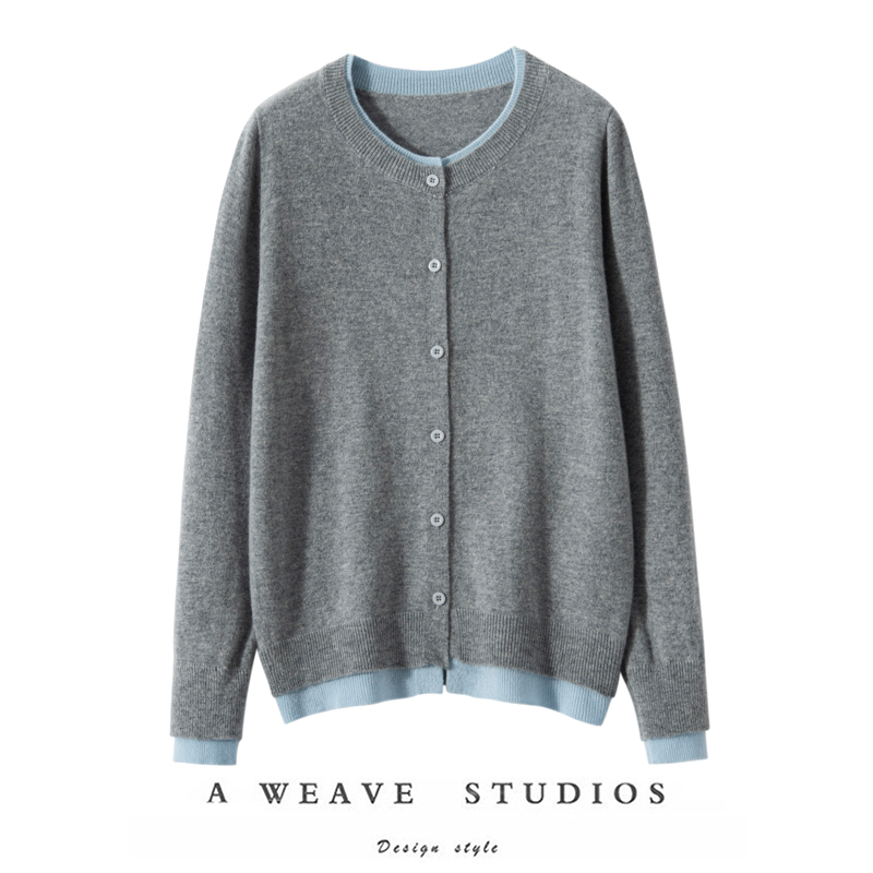 轻奢时尚~假两件山羊绒开衫女拼色毛衣外套圆领羊毛小衫新款