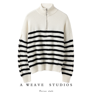 100%纯山羊绒针织衫 25秋冬in 白条纹海魂风 黑 style水手领