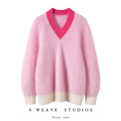 加厚V领山羊绒衫女粉红慵懒风长款拉毛拉绒纯山羊绒毛衣上衣