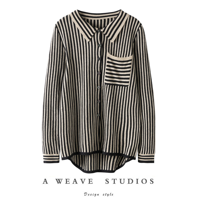 通勤百搭气质款！纯羊绒衫女新款修身条纹衬衫羊绒针织毛衣