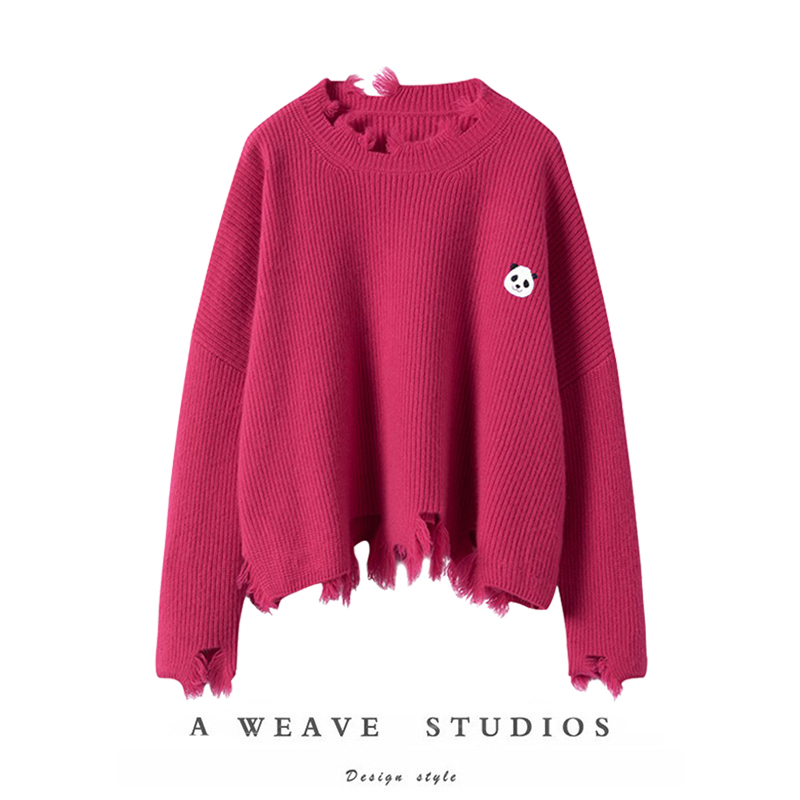 不规则毛边圆领羊绒衫女短款毛衣