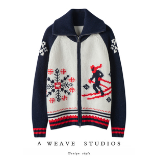 惊艳于人海中!翻领双拉链宽松慵懒滑雪提花纯羊绒针织开衫毛衣