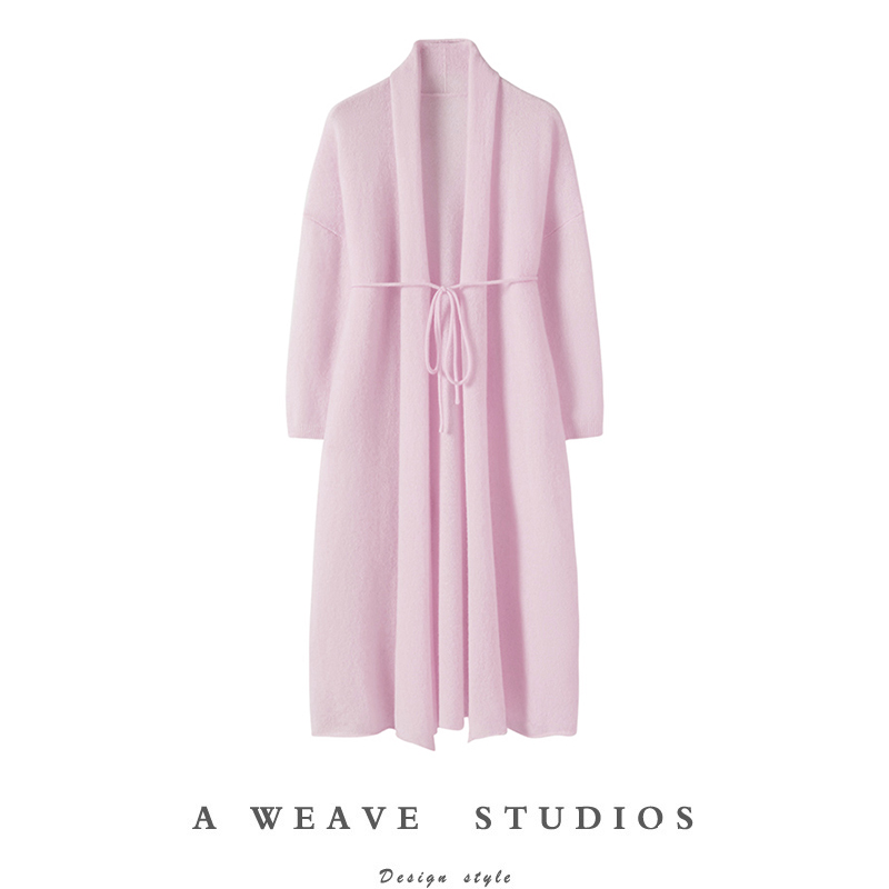 云朵般柔软！高端气质白厂丝山羊绒开衫女中长款系带宽松针织外套