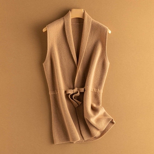 萨琪尼山羊绒无袖针织开衫女中款系带毛衣外套坎肩羊绒马甲潮外搭