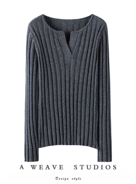 上身念念不忘～衬衫领羊绒衫女秋冬半开领粗坑条100%纯山羊绒毛衣