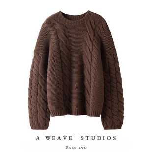 优雅！显瘦新贵~重磅加厚粗棒针羊绒衫女圆领纯羊绒毛衣宽松