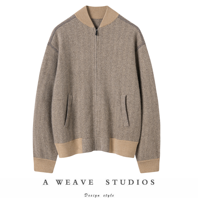 拉链开衫人字纹针织飞行夹克外套