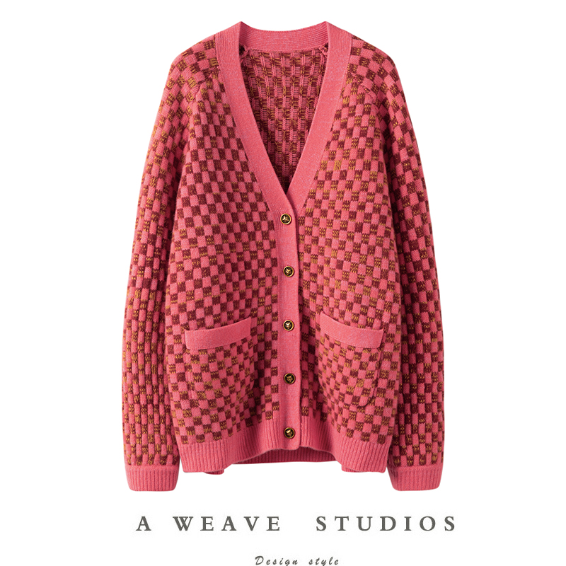 重磅加厚云霞红提花格子羊绒衫女