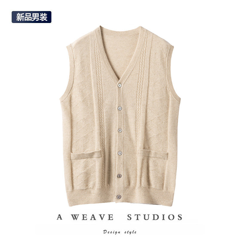 신사적이고 우아한 100% 순수 캐시미어 가을 겨울 신작 남성용 브이넥 자카드 조끼 가디건 루즈한 패셔너블 스웨터