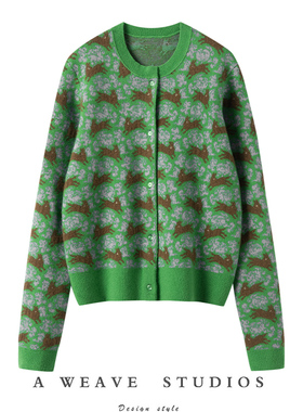 好看又好穿~绿色兔子提花圆领羊绒针织开衫外套女秋冬复古毛衣