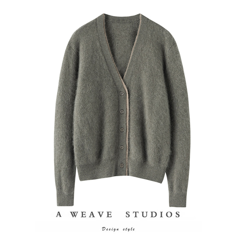 格外好看~时髦叠穿风水洗拉绒纯山羊绒撞色双层门襟V领针织开衫