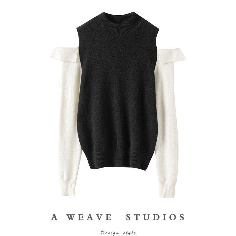 爱到心坎！黑白拼色露肩半高领羊绒衫女纯羊绒毛衣针织衫秋冬新款,女装/女士精品,羊绒衫,淘宝优惠券,粉丝福利购,淘宝优惠卷