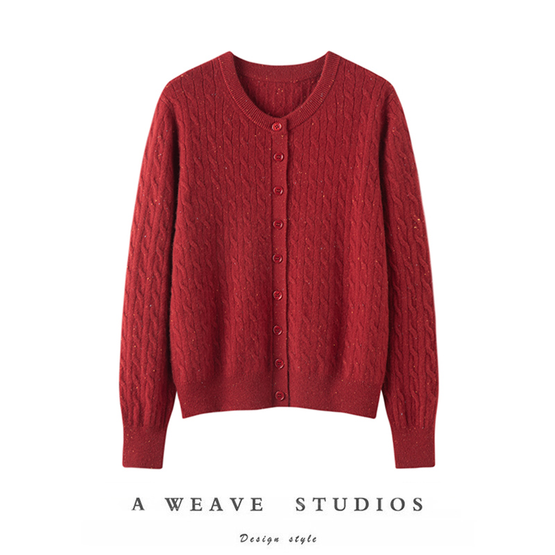 小山羊绒舒适感~2025秋冬新款100%纯羊绒绞花圆领麻花女针织开衫