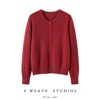 小山羊绒舒适感~2025秋冬新款100%纯羊绒绞花圆领麻花女针织开衫