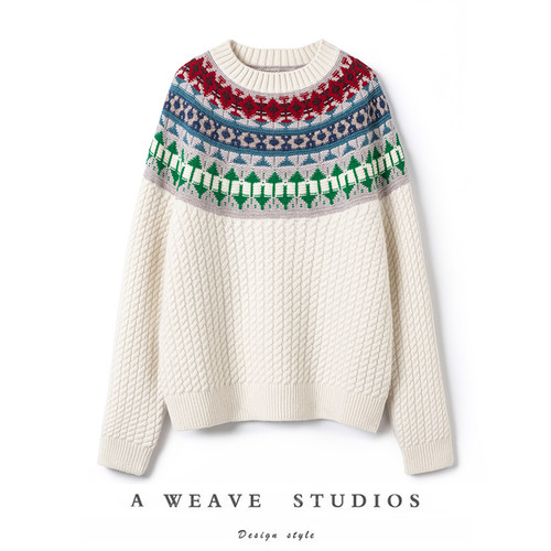 羊绒节日费尔岛提花圆领针织秋