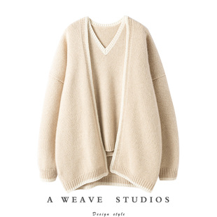 女两件套 羊绒开衫 撞色边粗棒针加厚羊绒背心外套 气质 CHAO奢