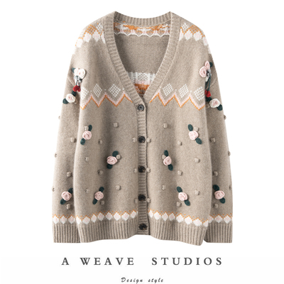 纯山羊绒豆豆手工手绣加厚开衫