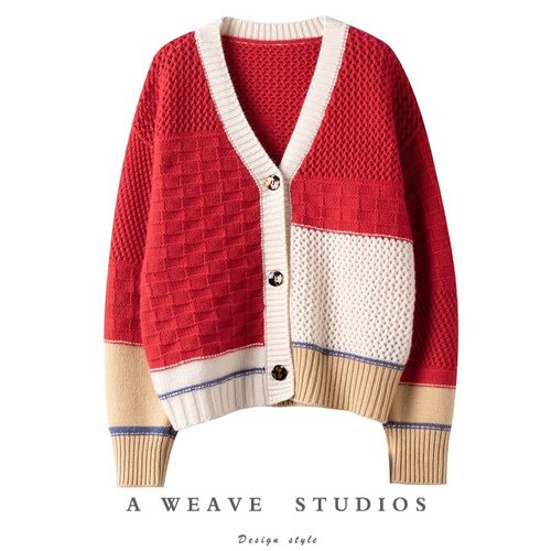 镂空拼色V领羊绒毛衣加厚外套