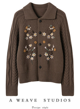 美奢到炸裂！文艺感手作立体绣花翻领纯羊绒针织开衫外套女26新款